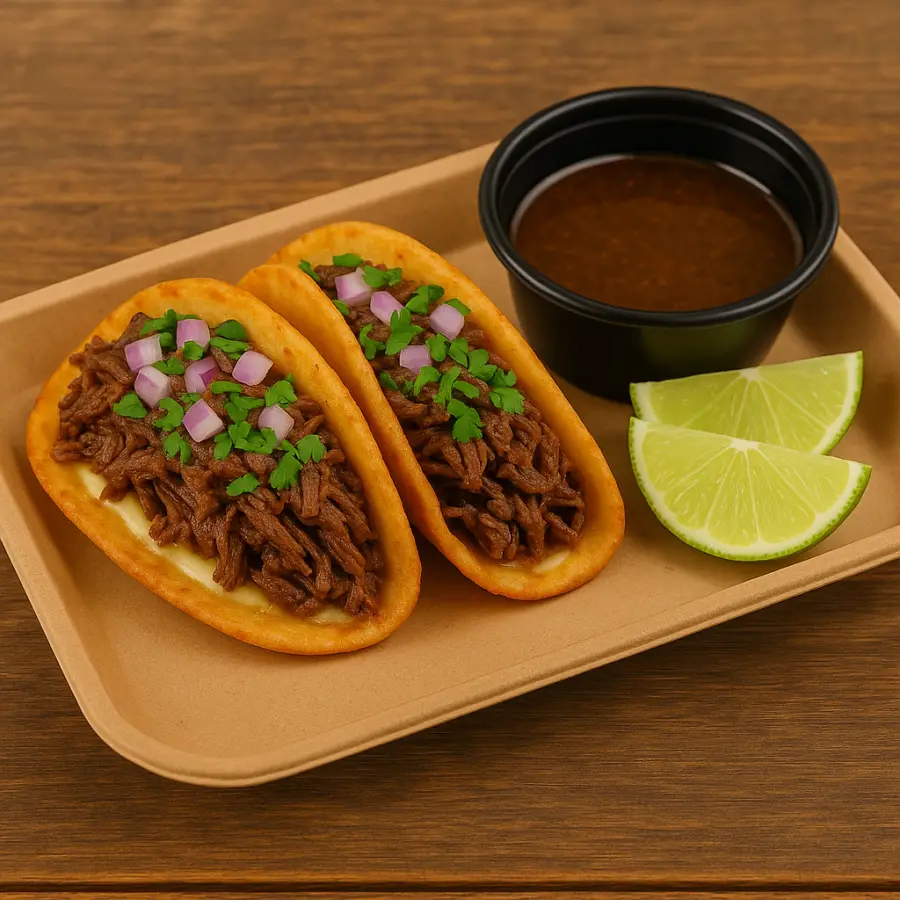 Two birria tacos with lime and a cup of consommé for dipping